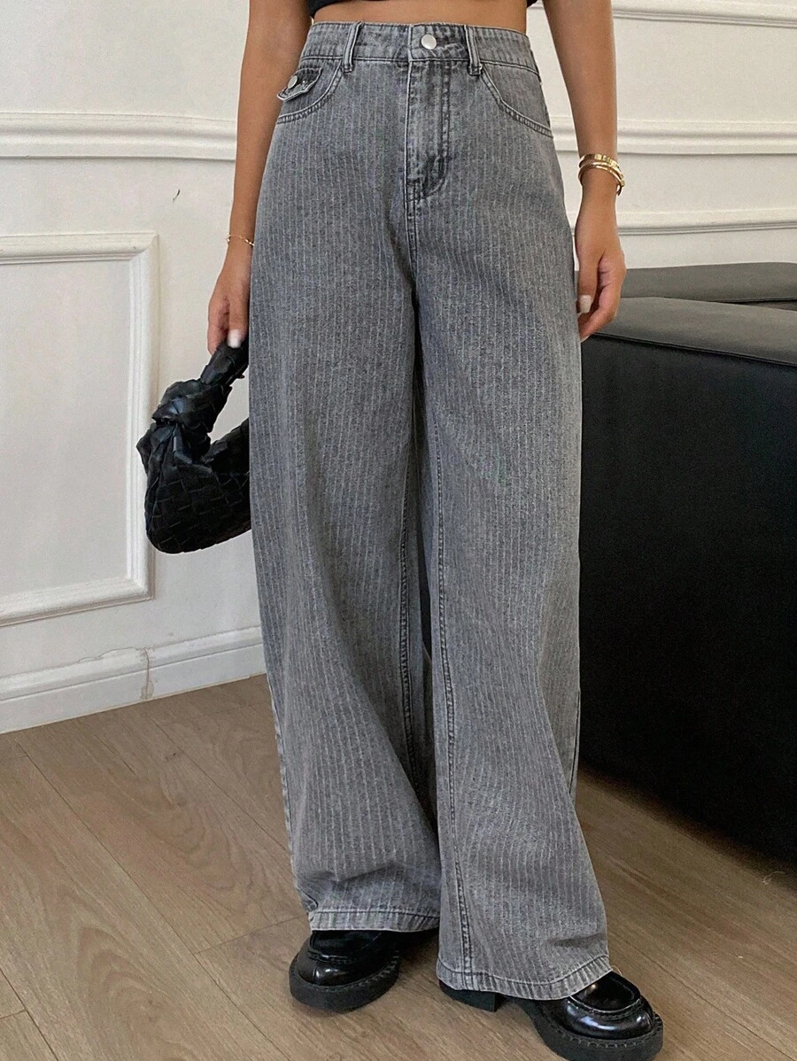 DAZY 女式直筒休闲宽松牛仔裤，带口袋，条纹图案，百搭 - 灰色 - 查看 1