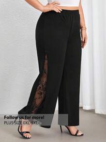 Firerie Pantaloni negri eleganți, casual, cu talie înaltă, cu croi larg, cu crăpături laterale și panouri din dantelă transparentă, potriviți pentru purtare zilnică și naveta, primăvară/vară