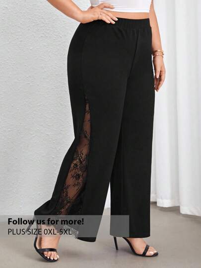 Firerie Svarta eleganta pendlarbyxor och vardagliga byxor med hög midja och vida ben, slits i sidan och transparenta spetspaneler, lämpliga för vardagsbruk och pendling, vår/sommar