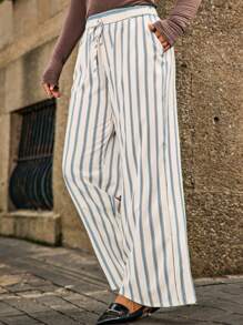 EMERY ROSE Quần ống rộng thắt eo kẻ sọc thường ngày cỡ lớn dành cho nữ - Màu be - Xem 5