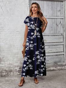EMERY ROSE Casual Versatile Blue Ditsy Floral Elegant Pattern Women's Dress, Spring/Summer Chic Dress - Multicolor - View 4