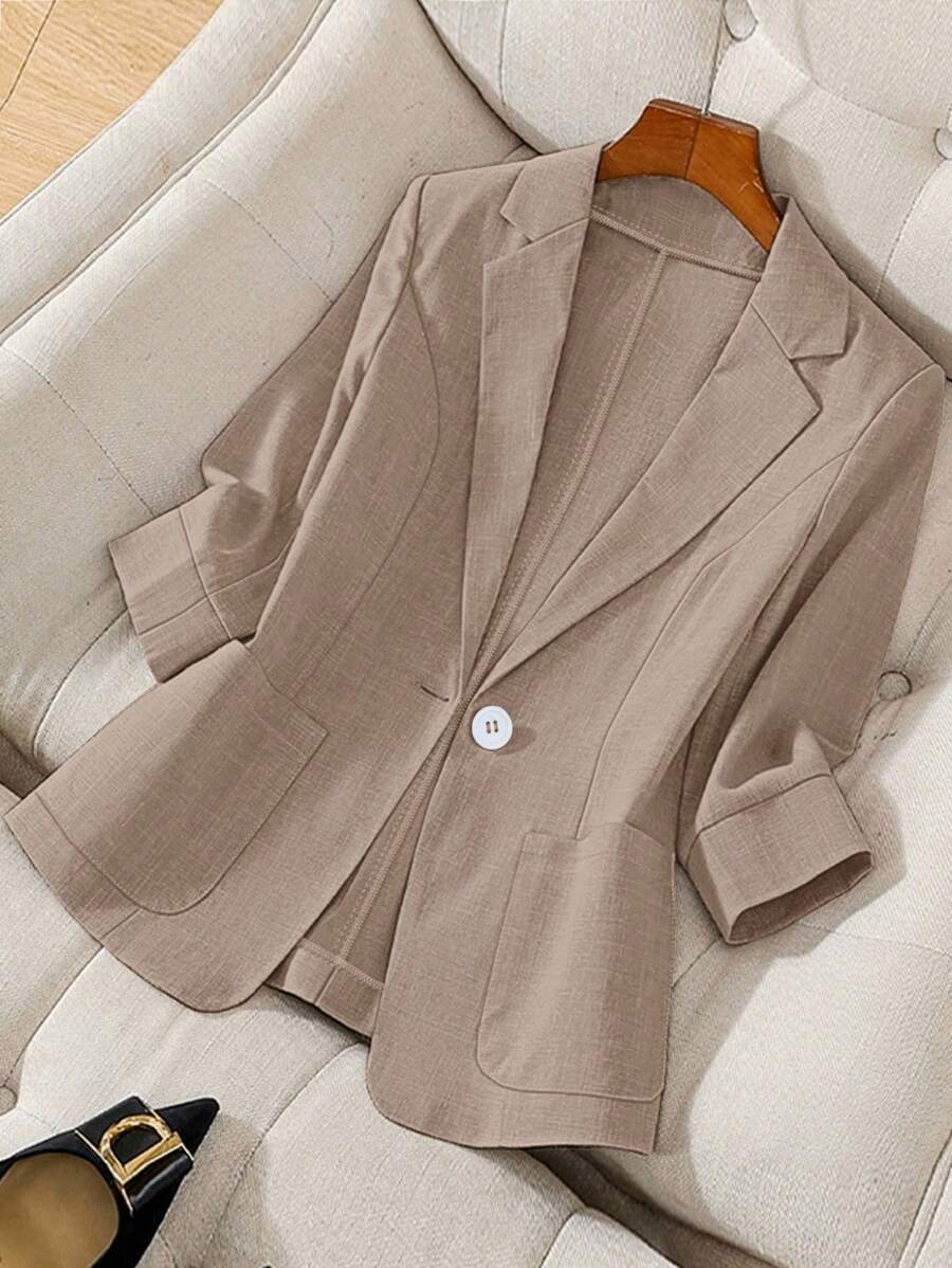 Franclia Áo khoác blazer trơn màu thường ngày tay dài cổ ve ve nữ - màu nâu - Xem 1