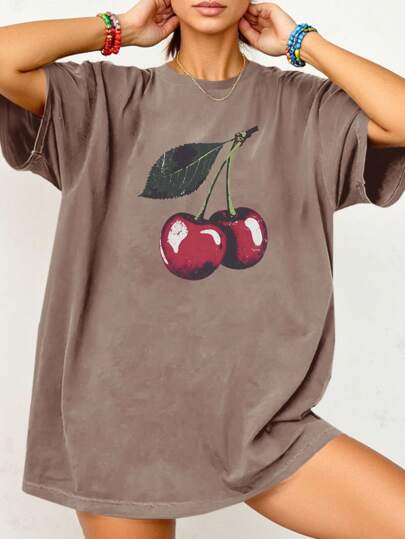 Plus Size Women Casual Drop Shoulder Cherry Print Round Neck T-Shirt