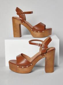 SHUZIA Chunky Platform Open Toe Block Heels Summer Shoes Spring Shoes Spring Break Easter Wedding Shoes For Christmas - Brown - View 1