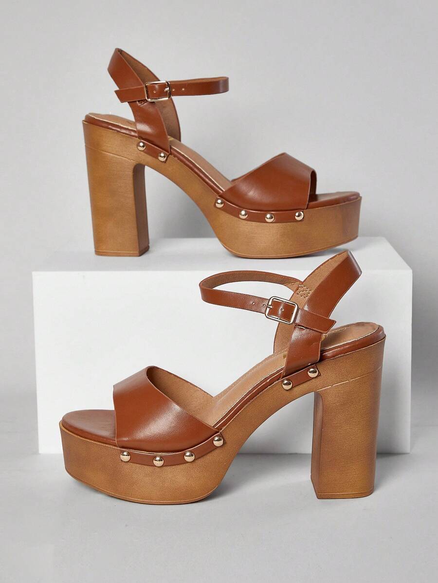 SHUZIA Chunky Platform Open Toe Block Heels Summer Shoes Spring Shoes Spring Break Easter Wedding Shoes For Christmas - Brown - View 1