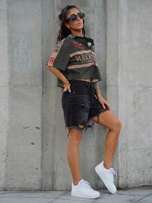 SAYEHFBABY 女士 Ricing 返校节运动图案短款宽松绿色衬衫、短袖上衣 - 軍綠色 - 查看 4