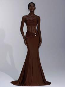 Elitara Elegant And Luxurious Coffee Color Strapless Plunging Neckline Waist Mesh See-Through Boned Waist Beaded Decorated Dress, Suitable For Date, Vacation, Birthday Party, Ball, Graduation, Homecoming, Bridesmaid, Formal Evening Gown, Brown Dress - Coffee Brown - View 2