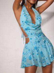 SHEIN BAE 女式夏季雪纺串珠刺绣露背迷你连衣裙 - 藍色 - 查看 7