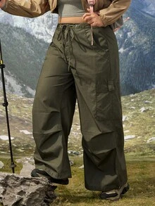 SHEIN Essnce 大码女式抽绳腰带口袋阔腿宽松休闲牛仔裤 - 軍綠色 - 查看 3
