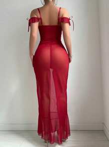 SHEIN 2pcs Lace Contrast Mesh Ruffle Hem Slit Steel Hoop Long Skirt Sleepwear+Thong Set - Burgundy - View 2