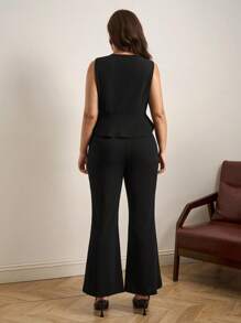Chikora Plus Size Elegant Commuter Solid Color Double-Breasted Vest & Flare Pants 2 Pieces Set Fall Clothes Plus Size  Autumn Clothes   Old Money Style Women  Homecoming Business Casual Woman Curve Fall Clothes Plus Size  Business Casual Woman   Office Outfits For Women Work Clothes Women Work Clothes  Classy Outfits For Women Business Casual Chic Women's Set - Black - View 4