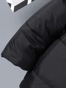 男童纯色长袖拉链领休闲连帽冬季夹克 - 黑色 - 查看 3