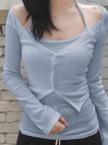 DAZY 2pcs Knitted Cover Up With Spaghetti Strap Shawl Collar Lightweight Cover Up Set For Women - Blue - View 5