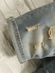 Manfinity Homme 男士纯棉磨破猫抓牛仔短裤纯色深蓝色外出复古朋友男士短款牛仔裤，emo 风格