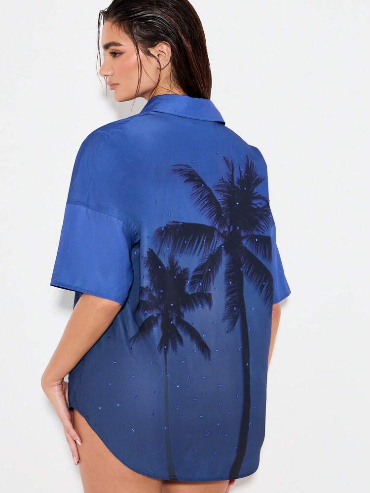 KIZN Palm Tree Print Button Down Shirt With Crystals