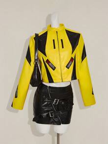 SHEIN ICON 女士秋冬街头时尚机车风黄色和黑色撞色宽松短款黄色夹克 Y2k 赛车女式摩托车 - 黃色 - 查看 3