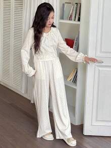 Dazy Kids 女童简约印花长袖上衣和裤子睡衣套装 - 米色 - 查看 6