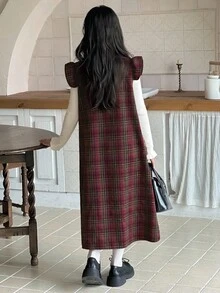 DAZY Girls Plaid Dress With Flutter Sleeves, Casual Plaid Pinafore Dress, Fashionable Street Style For Fall/Winter - Multicolor - View 6