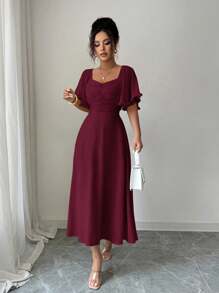 Modelyn Women's Solid Buttercup Yellow Chiffon Ruffle Sleeve Design Summer French Style Vacation Dress - Burgundy - View 8