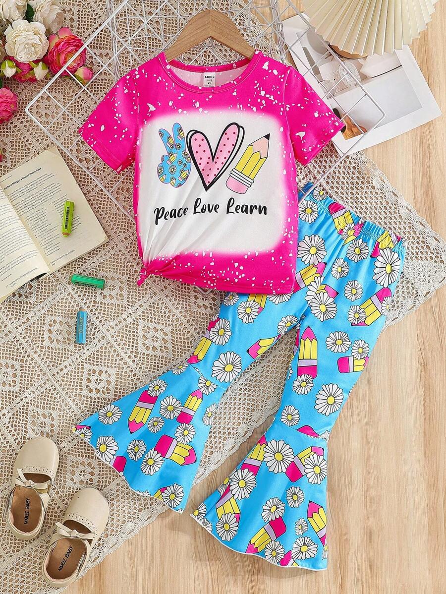 Bộ đồ 2 món cho bé gái, gồm áo thun ngắn tay cổ tròn in hình hoa trái tim và hoạt hình, quần ống đứng cạp chun, trang phục thường ngày và thể thao, bộ quần áo mùa xuân/hè cho bé gái, bộ đồ trẻ em, bộ đồ du lịch cho bé gái, bộ cặp sách cho bé gái, bộ phụ kiện học tập, bộ ví, bộ đồ ngủ mùa hè cho trẻ em. - Màu Hồng Tươi - Xem 1