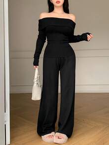 DAZY Women's Solid Color Off-Shoulder Long Sleeve Sweater And Knitted Pants Casual 2-Piece Set - Black - View 1