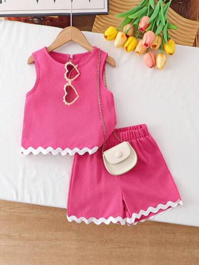 Genkimix Kids 2pcs Young Girl Textured Fabric Contrast Hem Sleeveless Top & Casual Shorts Set Girls Pink Two Piece Set Girls Summer Outfits Pink Short Sets Girls