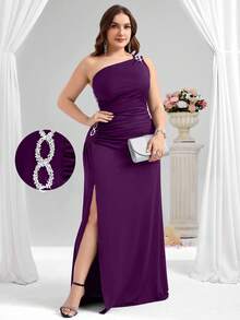 Coutiva 优雅派对水钻装饰单肩高开衩连衣裙 - 紫色 - 查看 1