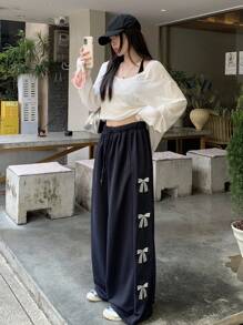 DAZY Women's Loose Cinched Waist & Hem Butterfly Embroidery Decor Casual Streetwear Pants Sweatpants