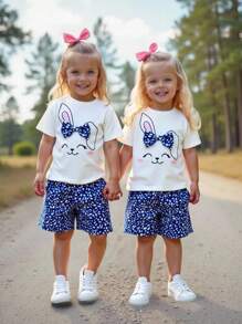 SHEIN Young Girl Cartoon Graphic Bow Front Tee & Dalmatian Print Shorts