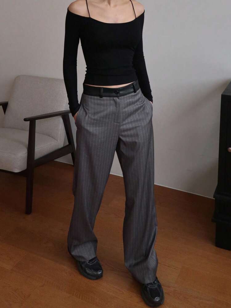 Women's PU Patchwork Striped Loose Straight Leg Pants