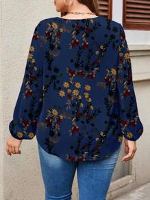 EMERY ROSE Casual Elegant Floral Pattern V-Neck Loose Blouse For Women, Suitable For Spring & Autumn Chic Blouses For Women - Navy Blue - View 2