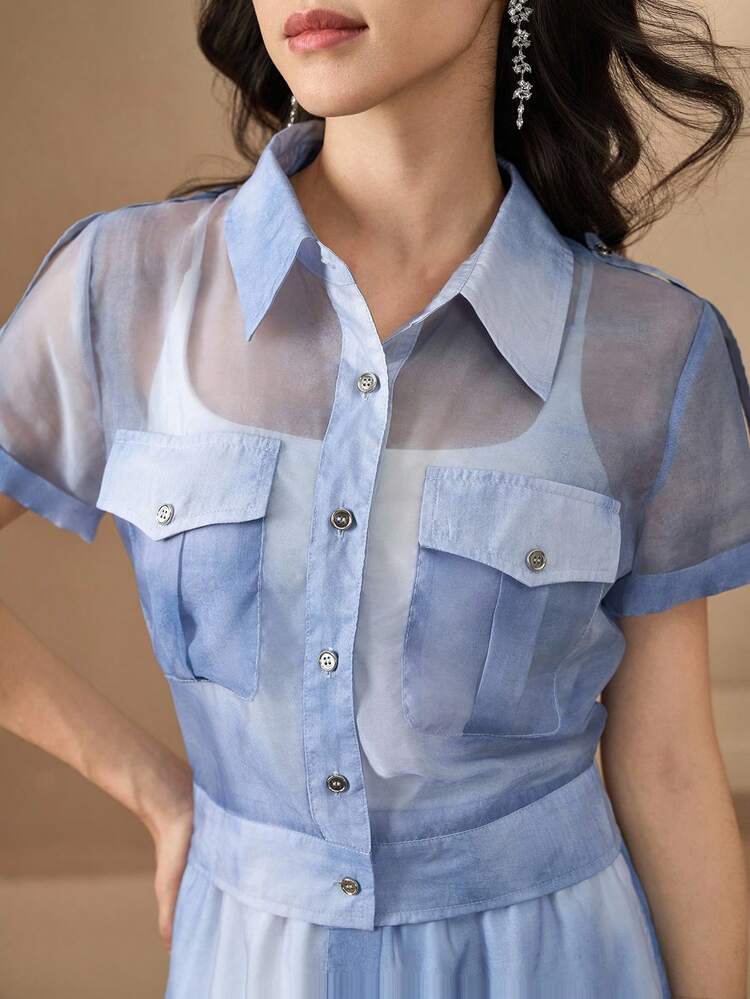 2pcs Women's Patchwork Sheer Pocket Shirt And Skirt Set