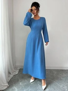 Elenzga 女款2025春秋圆领露背纹理长袖连衣裙 - 藍色 - 查看 4