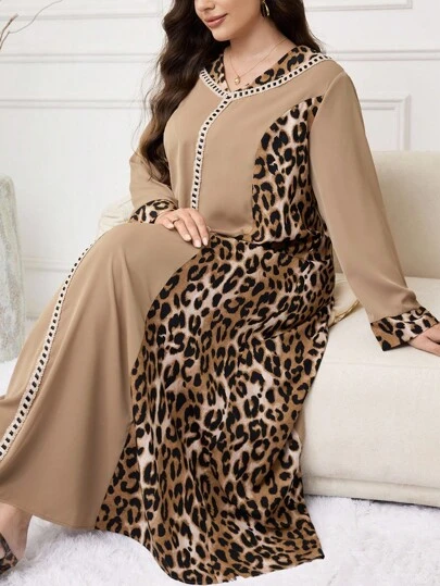Al Najma Plus Size Women's Patchwork Leopard Print V-Neck Long Sleeve Loose Arabic Style Maxi Dress Arabic Dress