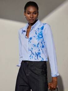 GENKIRA Women's Casual Floral & Striped Print Long Sleeve Shirt Fall Cloth For Women - Blue - View 5