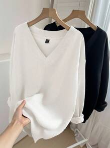 SHEIN LUNE 2 件女士休闲简约风格金色星星、太阳、月亮图案 V 领羊毛运动衫，适合秋冬季