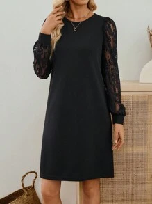 Medorina 女士圆领撞色蕾丝泡泡袖宽松直筒迷你连衣裙女士黑色连衣裙长袖黑色连衣裙蕾丝连衣裙女士秋季服装女士连衣裙女士秋季服装女士优雅教师装 - 黑色 - 查看 8