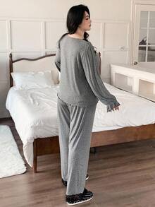 Dazy Plus 2pcs Plus Size Women Polka Dot Splice Flare Sleeve Top And Loose Pants Pajama Set, Loungewear, Fall Winter Clothes - Grey - View 2