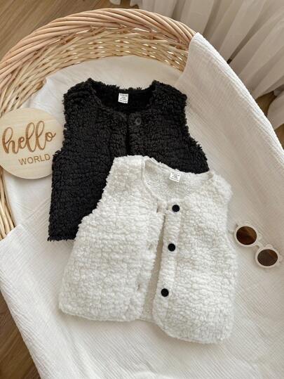 SHEIN 2 件女婴可爱休闲纯色蓬松无袖夹克背心套装，适合秋冬季外出玩耍