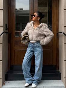 SHEIN EZwear 冬季新款女士人造毛皮连帽短款夹克 - 棕色 - 查看 3