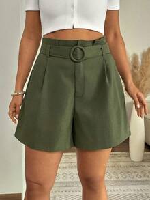SHEIN LUNE Plus Size Women's Casual Linen-Like Elastic Waist Mid-Rise Shorts With Belt Loops And Pockets, Olive Green, Suitable For Work, Office, Vacation - Army Green - View 3