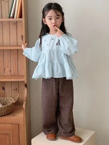 Dazy Kids 小女孩可爱刺绣长袖衬衫 - 藍色 - 查看 7