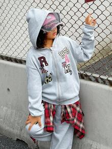 SHEIN Explorewe 青少年女孩宽松图案印花拉链连帽衫和阔腿运动裤街头风格运动服套装，适合春秋冬季穿着 - 淺灰色 - 查看 3