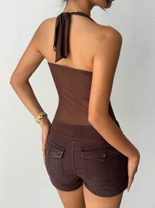 Aloruh 女士Y2K音乐节演唱会派对上衣 时尚简约休闲通勤上衣 针织亮片网纱拼接咖啡色上衣 - 咖啡棕 - 查看 2