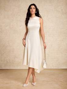 House of One Sleeveless Asymmetrical Cape Scarf Satin Dress Women Elegant Casual Summer Autumn White Midi Dress White Satin Dress White Dress For Women
