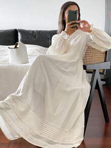 Livesso Váy midi ren chắp vá tay dài cổ chữ V, thắt eo cho nữ, mùa hè - trắng - Xem 5