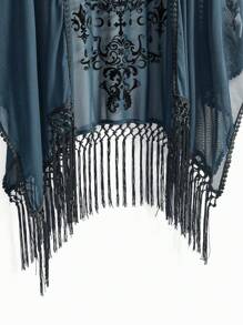 ROMWE Goth 大码女式浪漫哥特式复洛克月亮花卉植绒纹理不对称流苏下摆衬衫披肩，蓝绿色，适合春夏季假期、万圣节 - 藍色 - 查看 4