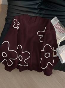 CosyJoli Plus Size Women Floral Line Pattern Pullover Sweater,Autumn/Winter Graphic Flower Long Sleeve,Burgundy,Autumn,Cute,School,Back-To-School Brown Sweater - Burgundy - View 4