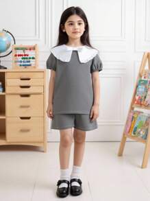 SHEIN 2pcs/Set Young Girls Elegant Blouse & Pants Set Young Girl Summer Outfits Young Girl Grey Outfits Girls Ruffle Collar Outfit Back To School Uniform - Grey - View 3