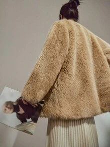 DAZY 女士时尚优雅仿皮草外套，秋冬女式大衣 - 米色 - 查看 3